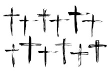 Set Of Hand Drawn Grunge Christian Cross. Religion Symbol Vector Illustration.