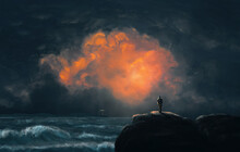 Man, Tourist Standing On Mountain Edge, Looking To Sea And Lighthouse With Sunset Dark Moody Sky. Digital Painting, Background Illustration
