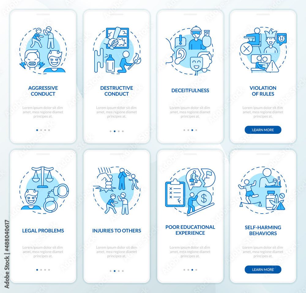 Conduct disorder blue onboarding mobile app screen set. Behavior ...