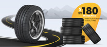The Tire Of The Car Is On The Road. Advertising Banner. A Bunch Of Wheels Against The Backdrop Of Stylized Mountains. Web Design. Promotion. Advertising For The Sale Of Winter And Summer Wheels.