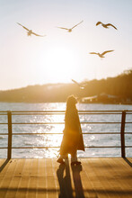 Young Woman On The Pier. Beautiful Woman Feeds Seagulls At Sea Beach. Concept Of Freedom, Travel, Flying. Lifestyle Moment.