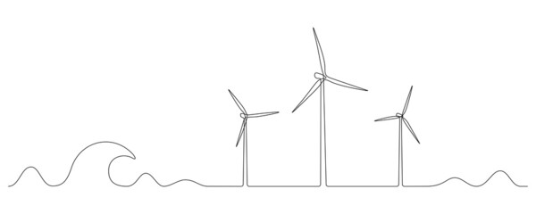 Poster - Wind farm turbines and windmill at the Sea in One continuous line drawing. Green energy and renewable source of power concept in simple linear style. Doodle vector illustration.