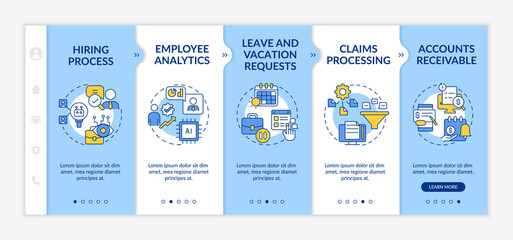 Wall Mural - Examples of automation in business blue and white onboarding template. Responsive mobile website with linear concept icons. Web page walkthrough 5 step screens. Lato-Bold, Regular fonts used