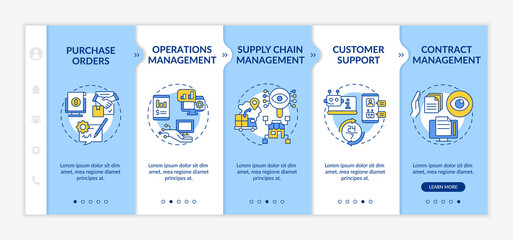 Wall Mural - Automation in business blue and white onboarding template. Autonomous operation. Responsive mobile website with linear concept icons. Web page walkthrough 5 step screens. Lato-Bold, Regular fonts used