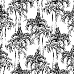 Seamless pattern vintage hand drawn illustration with palm tree in engraving style. Sketch of a tree isolated on white background.