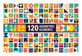 Wall Mural - Set of 120 trendy abstract triangles shape geometric elements for backgrounds and seamless patterns. Collection of isolated pattern designs.