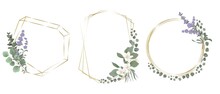 Vector Flower Set. Golden Frames, Lavender Flowers, White Sakura, Magnolia, Eucalyptus, Green Plants And Leaves. Wedding Design Set