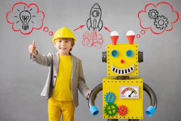 Poster - Happy child playing with robot