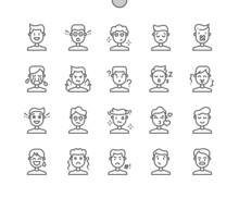 Male Human Emotions. Man And Boy Face. Disappointed, Happy, Confused, Cursing, Shocked And Other. Pixel Perfect Vector Thin Line Icons. Simple Minimal Pictogram