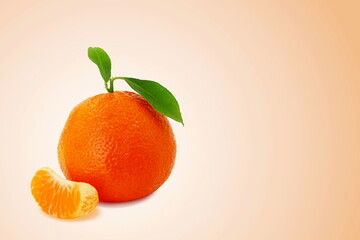 Wall Mural - fresh tangerine or mandarin orange fruit with leaves  and segments isolated on gradient background with copy space