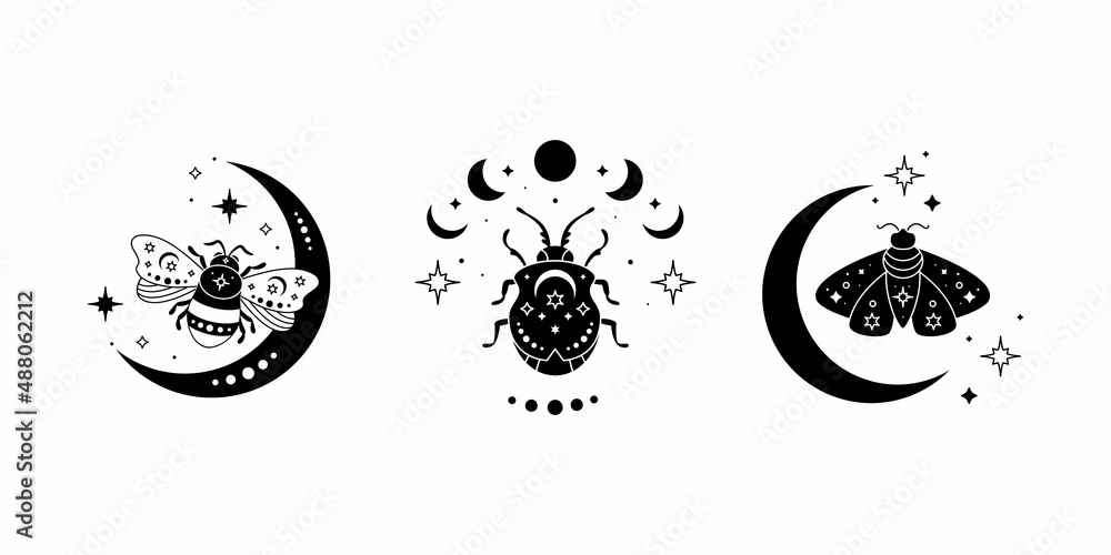Celestial butterfly, bee and bug vector illustration set. Black ...