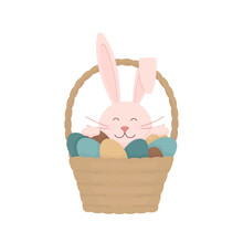 Happy Easter Pink Bunny In The Basket With Eggs, Gift Card, Flat Vector Illustration 