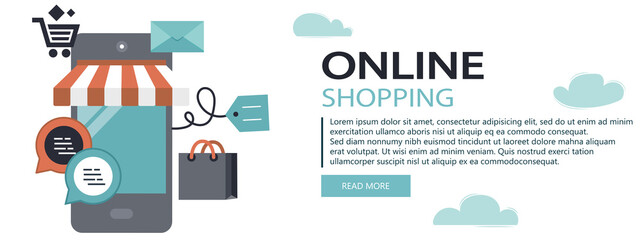 Wall Mural - On line shopping and payment Methods. Mobile payments. Pay per click and online order. Flat vector illustration. Website banner	