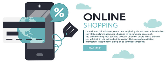 Wall Mural - On line shopping and payment Methods. Mobile payments. Pay per click and online order. Flat vector illustration. Website banner	