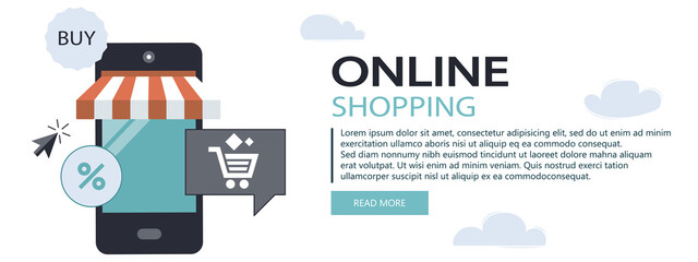 Wall Mural - On line shopping and payment Methods. Mobile payments. Pay per click and online order. Flat vector illustration. Website banner	