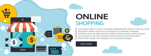 Wall Mural - On line shopping and payment Methods. Mobile payments. Pay per click and online order. Flat vector illustration. Website banner	