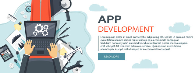 Wall Mural - mobile application and mobile app development concept. project development and business ideas. flat 
