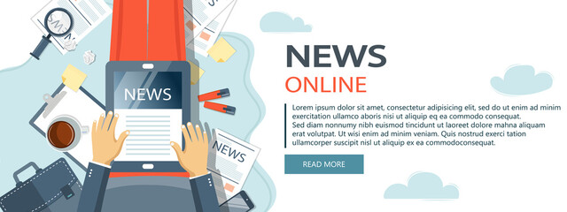 Wall Mural - Vector illustration. Flat header. Online news banner. Newsletter and information. Business and market news. Financial report and coffee on wooden table