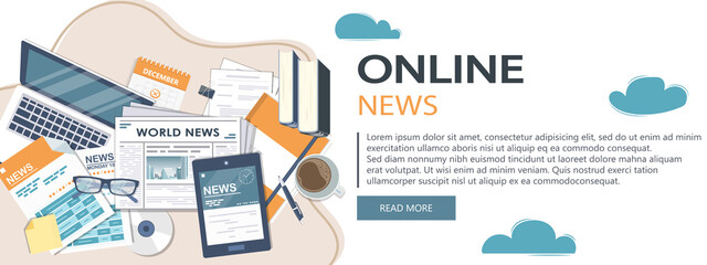 Wall Mural - Vector illustration. Flat header. Online news banner. Newsletter and information. Business and market news. Financial report and coffee on wooden table