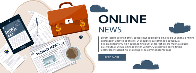 Wall Mural - Vector illustration. Flat header. Online news banner. Newsletter and information. Business and market news. Financial report and coffee on wooden table