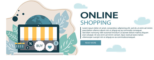 Wall Mural - On line shopping and payment Methods. Mobile payments. Pay per click and online order. Flat vector illustration. Website banner	