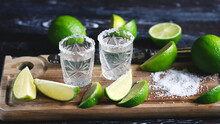 Selective Focus. Glasses Of Tequila With Salt And Lime. White Tequila.