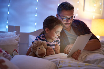 Poster - I learn new things from her everyday. Shot of a little girl and her father using a tablet before bedtime.