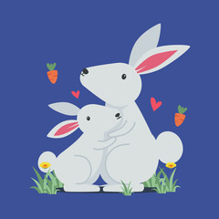  cute little hare and bunny mom hugging each other. illustration concept for mother day greeting card.