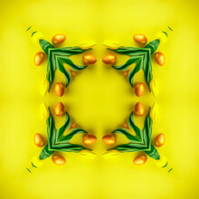 Abstract Background Of Pattern Of Kaleidoscope Frame. Yellow Easter Eggs Wreath Fractal Mandala. Abstract Kaleidoscopic 4 Square Arabesque. Geometrical Ornament Happy Easter Pattern, Copy Space