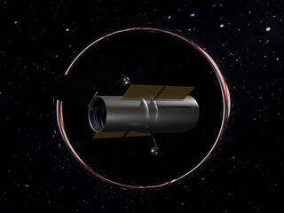 Wall Mural - space telescope hubble near black hole somewhere in outer space. 3d rendered illustration. elements 