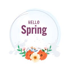 Sticker - Hello Spring Font On Circular Frame Decorated With Floral Against White Background.