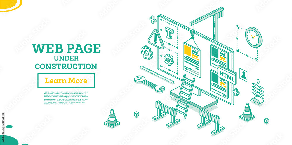 Web Page Under Construction. Vector Illustration. Isometric Outline ...
