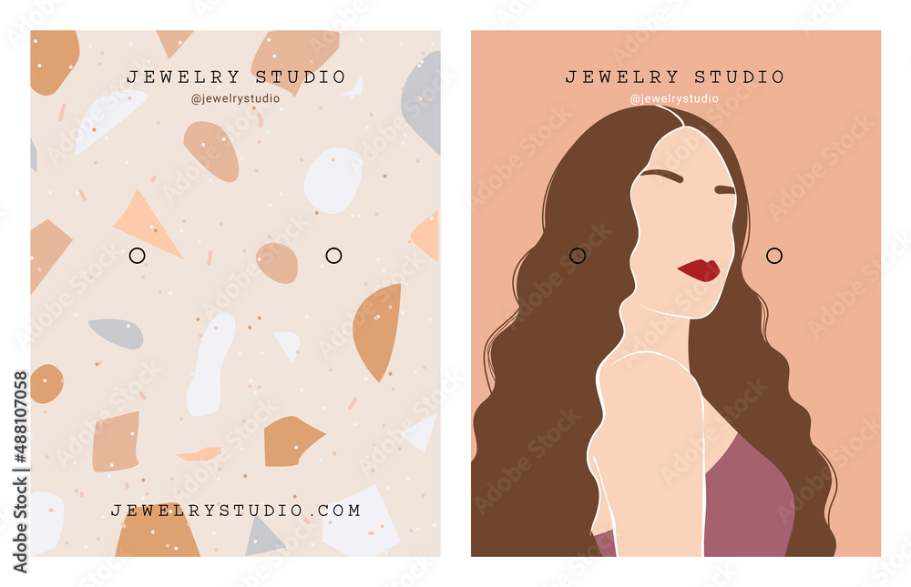 Jewelry display card template. Earring display card. Illustration of a woman and abstract background Stock Vector | Adobe Stock for Free Printable Earring Display Cards
