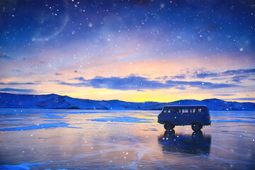 Wall Mural - off-road vehicle on the ice of lake baikal, olkhon travel extreme road auto in winter