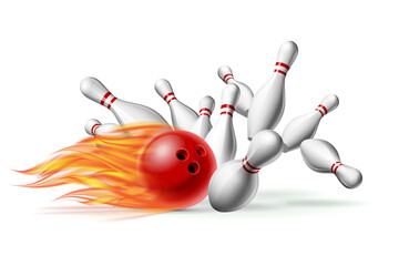 Wall Mural - Red burning Bowling Ball in Flames crashing into the pins isolated on white. Illustration of bowling strike.