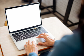 computer screen blank mockup.hand woman work using laptop with white background for advertising,contact business search information on desk at coffee shop.marketing and creative design