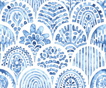 Seamless Moroccan Pattern. Wavy Vintage Tile. Blue And White Watercolor Ornament Painted With Paint On Paper. Handmade. Print For Textiles. Set Of Grunge Textures.