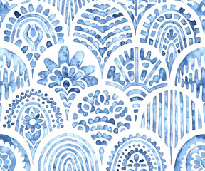 Seamless moroccan pattern. Wavy vintage tile. Blue and white watercolor ornament painted with paint on paper. Handmade. Print for textiles. Set of grunge textures.