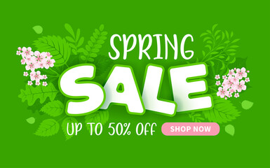 Wall Mural - Advertising banner about seasonal spring sale. Expressive lettering, bright spring fresh leaves, blooming flowers and button for shop now on green background. Cartoon style. Vector illustration.