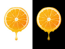 Orange Slice With Drops Of Fresh Juice Isolated On White And Black. Orange Juice Flows From Round Cut Of Orange Fruit. Vector Image For Fresh Drinks, Agriculture, Healthy Nutrition, Cooking, Etc