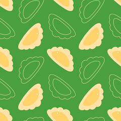 Wall Mural - Cute cartoon style boiled pierogi, filled dumplings vector seamless pattern background.
