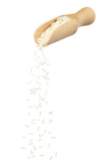 Wall Mural - white rice falling from wooden scoop isolated