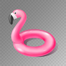 Realistic Pink Flamingo Swim Ring Tube Isolated On Transparent Background. Vector Summer Vacation Holiday Rubber Toy For Pool, Sea, Traveling. Desigm For Poster, Banner, Backdrop