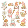 Vector Easter clipart collection of funny spring gnome, bunny ears, easter eggs, basket isolated. Hand drawn sketch vintage style illustration. For cards, invitations, prints, banners etc.