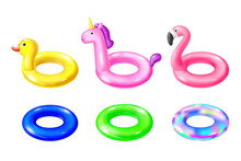 Set Rubber Inflatable Ring,  Swimming Pool Floats Isolated On White Background. Cute Unicorn, Flamingo, Duck, Tube, Float Vector Realistic Illustration. Design For Poster, Banner, Print