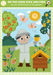 Vector farm searching game with rural village landscape and farmer. Spot hidden bees in the picture. Simple on the farm seek and find printable activity with beekeeper, beehive, honey.