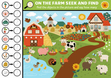 Vector Farm Searching Game With Rural Countryside Landscape. Spot Hidden Objects In The Picture And Say How Many. Simple Fantasy Seek And Find And Counting Educational Printable Activity For Kids.