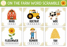 Vector On The Farm Word Scramble Activity Page. English Language Game With Barn, Tractor, Farmer For Kids. Rural Countryside Family Quiz With Sunflower, Cow. Educational Printable Worksheet..