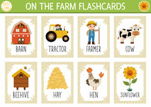 Vector On The Farm Flash Cards Set. English Language Game With Cute Barn, Tractor, Farmer For Kids. Rural Countryside Flashcards With Animals. Simple Educational Printable Worksheet..