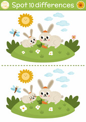 Wall Mural - Find differences game for children. On the farm educational activity with cute rabbit and baby. Farm puzzle for kids with farm animals and rural landscape. Village printable worksheet or page.